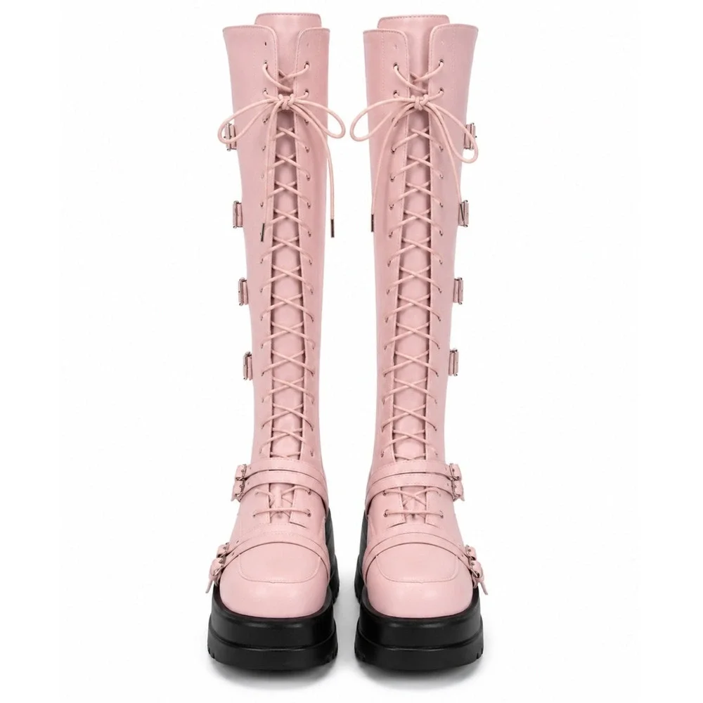 Platform Boots Over Knee Thigh High Goth Boots Chunky Heel Pink Size 8.5